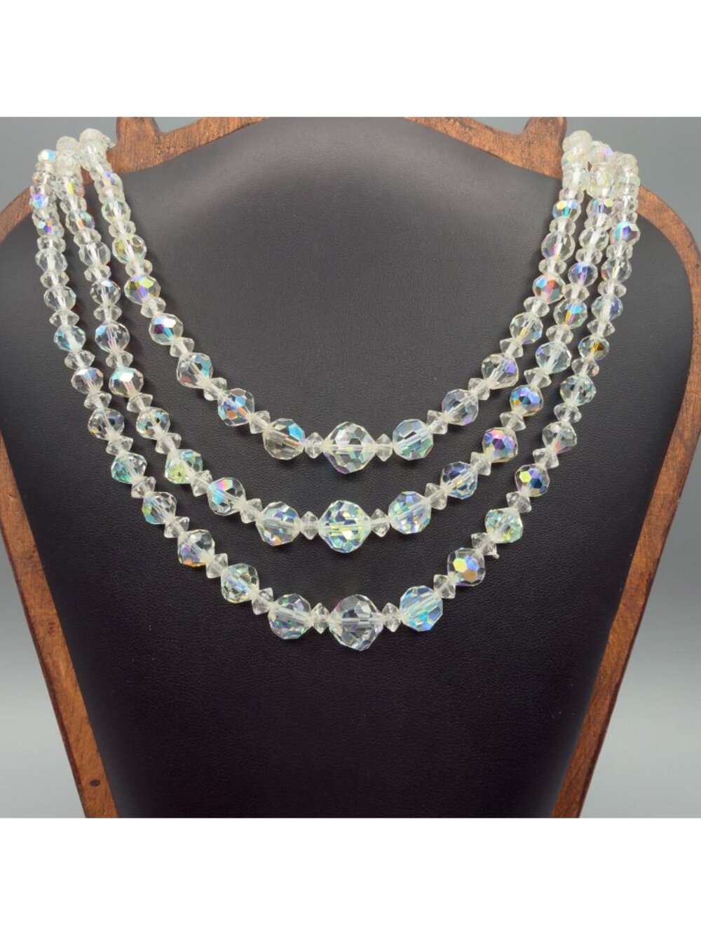 Vintage Aurora Borealis Multi Strand Crystal Bead Necklace 16 in Adjustable